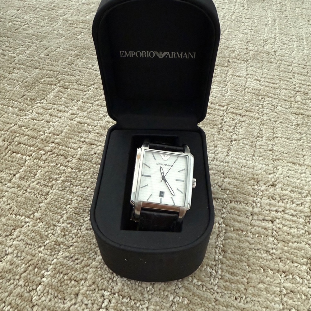 Vintage Emporio Armani Men's Silver Dial Watch with Black Strap